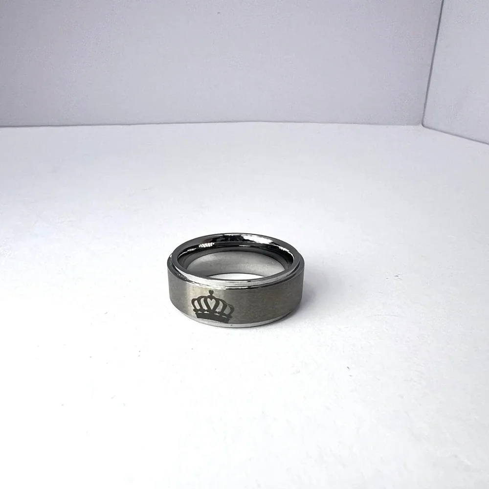 Gunmetal Tungsten Crown Engraved Ring Mens 7.5 Flat Edge Wedding Band King Faith